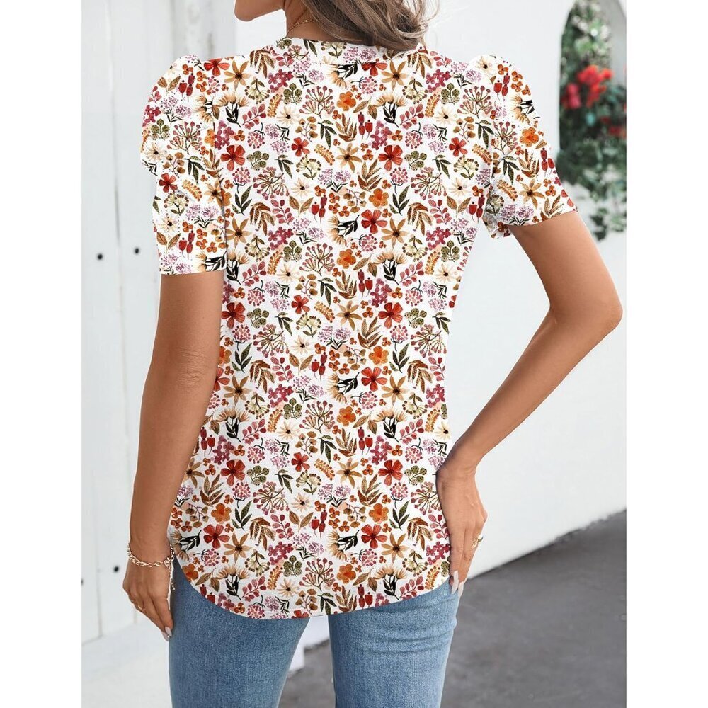 Women’s Puff Sleeve V Neck Summer Top Casual Blouse Light & Flowy - Picture 4 of 6